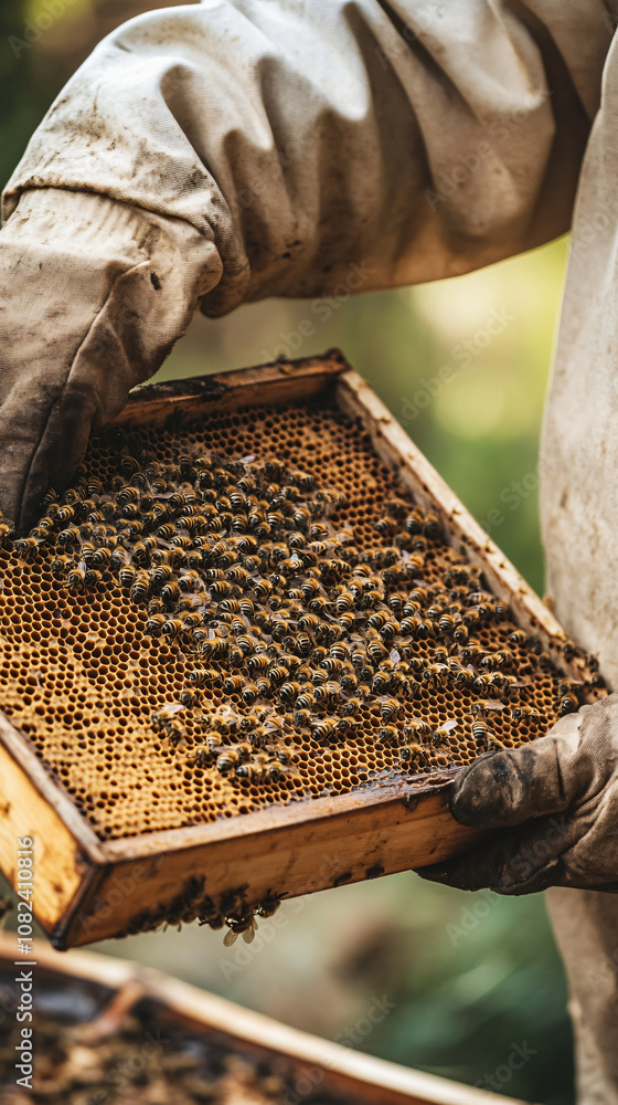 Poster beekeeper in protective gear examines a honeycomb frame filled with bees inside the beehive