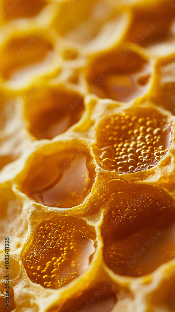 Poster macro shot of honeycomb filled with honey is glistening in the sun showing small details and bubbles