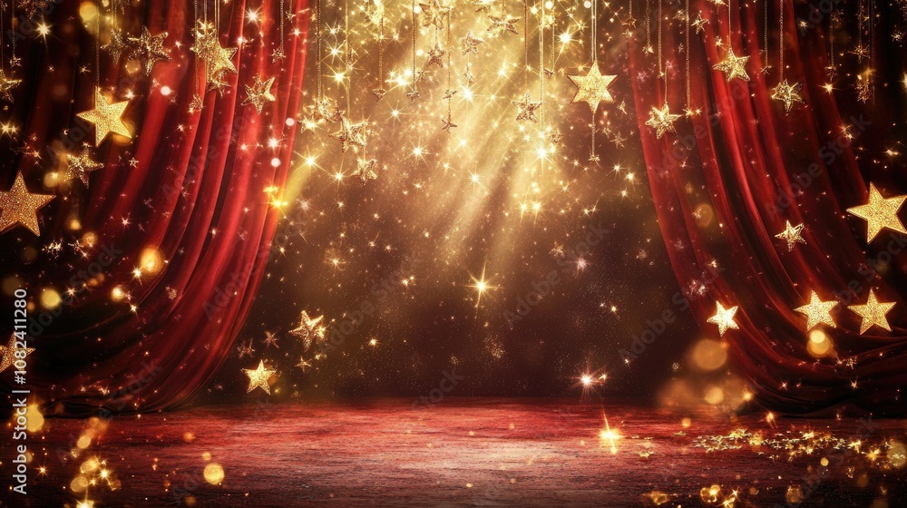 Poster magical stage with red curtains and golden stars illuminated by soft lights, creating an enchanting 
