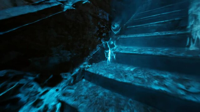 Mysterious ghost is ascending an old stone staircase in a dark cave. Blue flames illuminate the scene, creating an eerie and mysterious atmosphere
