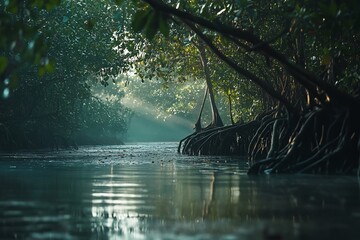 Fototapeta premium Dense mangrove forest with thick root systems visible along coastline, low light, soft shadows, reflective water, vibrant tropical atmosphere, high-detail foliage 2