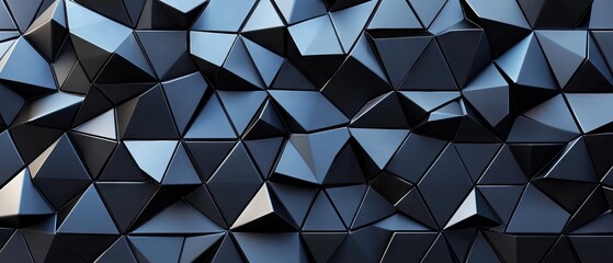 Fototapeta premium Polished semigloss wall background with triangular 3d black tile wallpaper modern geometric design, high-resolution 3d render for interior decor and digital projects