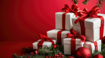 Festive Scene with Elegant White Gift Boxes Tied with Red Ribbons Surrounded by Holiday Decorations on a Vibrant Red Background
