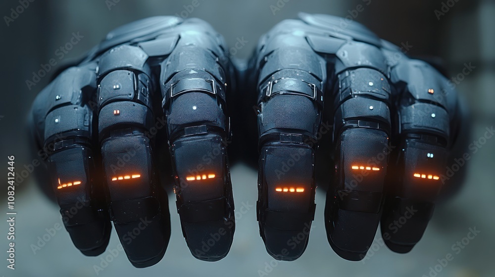 Poster futuristic robotic gloves with illuminated features for advanced tasks.