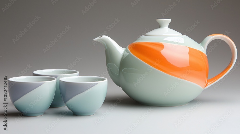 Poster a teapot with three cups and a saucer sits on a table