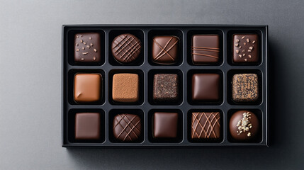 Assorted gourmet chocolates in a black box arranged in a grid pattern on a gray background
