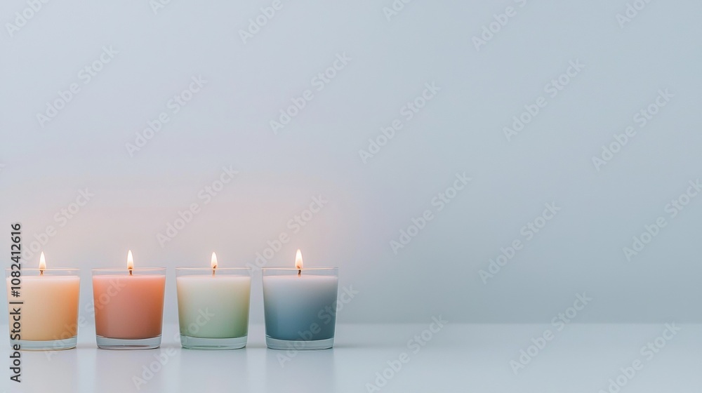 Poster a row of four candles in different colors are lit on a table