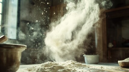 Dynamic Flour Dust Clouds Rising in a Rustic Kitchen Environment with Soft Lighting and Warm Tones Capturing the Essence of Baking and Culinary Arts