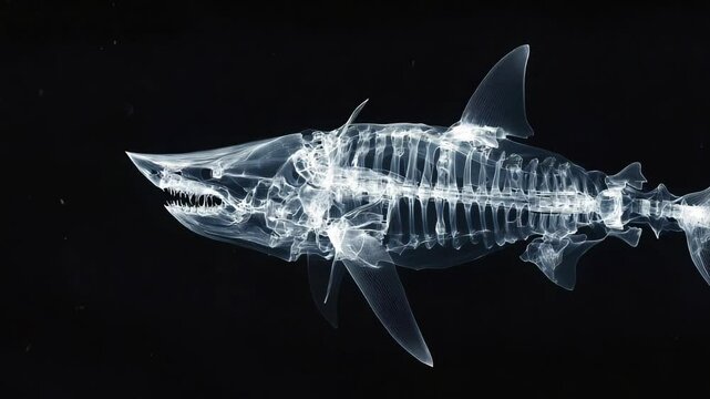 X-ray imagery showcases a shark skeleton gliding through dark waters against a black background, highlighting the intricate structure of its bones and anatomy