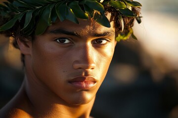 Close-up of a young Hawaiian male hula dancer, traditional attire, intense expression, against a rocky coastline, early morning light 2