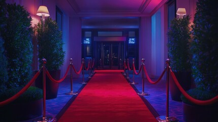 Elegant and Luxurious Entrance with Red Carpet Surrounded by Lush Greenery in Dimly Lit Hallway for Glamorous Events and Celebrations