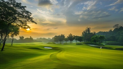 Obraz premium A serene golf course at dawn, Golf clubs neatly arranged for a morning round, Tranquil sunrise style