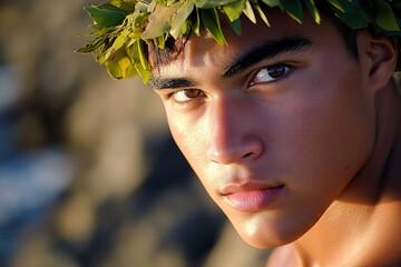 Close-up of a young Hawaiian male hula dancer, traditional attire, intense expression, against a rocky coastline, early morning light 3