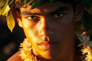 Close-up of a young Hawaiian male hula dancer, traditional attire, intense expression, against a rocky coastline, early morning light 1