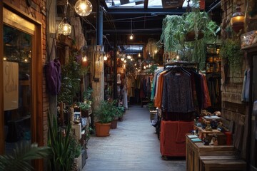 Naklejka premium Indoor market stalls selling clothes and plants with hanging lights