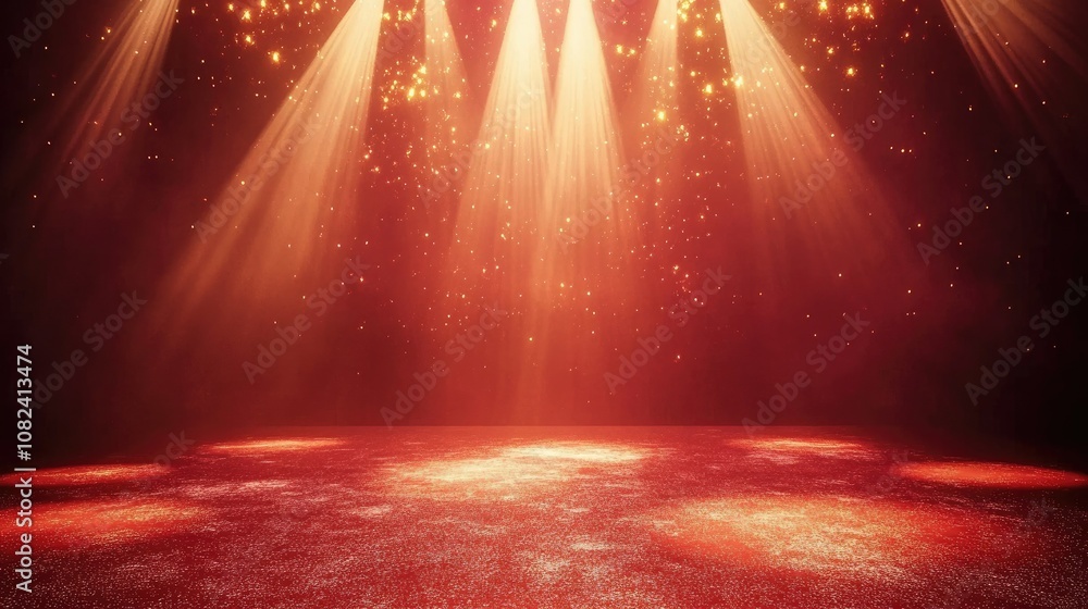 Poster dramatic scene of stage lights shining brightly over a sparkling red floor with a glittering backgro