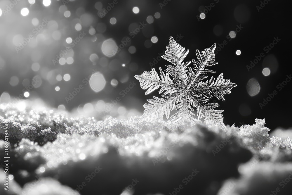 Wall mural beautiful snowflake standing on snow with black background and bokeh effect