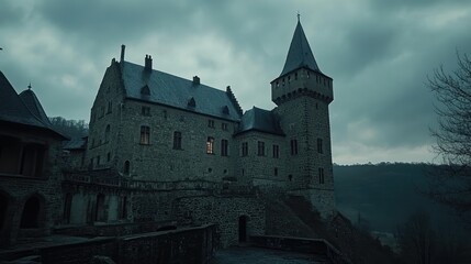 Naklejka premium Enigmatic Medieval Castle Under Overcast Sky with Lantern Glow Illuminating Dark Stone Walls and Towering Spire Surrounded by Misty Landscape