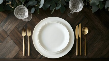 Chic table setting with white plate, golden cutlery on dark wood, viewed from above; minimalist elegance on a white background