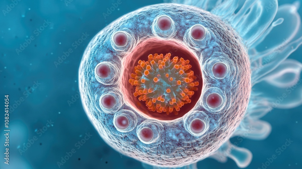 Poster detailed microscopic view of a virus inside a cell with vibrant colors and intricate structures, ill
