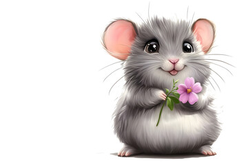chinchilla with fluffy fur, holding a tiny flower and looking up with big sparkling eyes with transparent background, PNG file