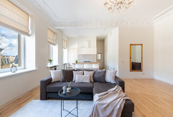 Modern Retro, Classic Style Home Living Room Interior, Desk, Sofa, And Coffee Table. Flowers, Windows Curtains in Background. Kitchen Dining Table. Luxury Lamp