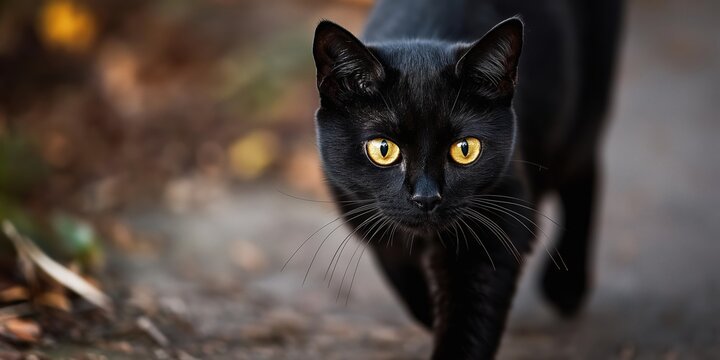A poised black cat with intense eyes walks confidently along a path, showcasing its elegance and grace.