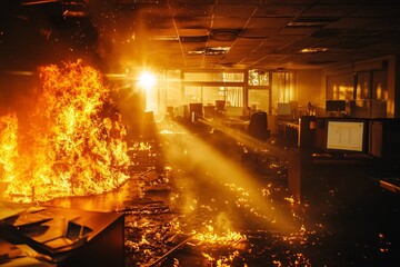 An office ablaze at sunset, shadows playing with flames, golden hour light, close-up of burning materials, capturing the surreal beauty amidst the chaos 3