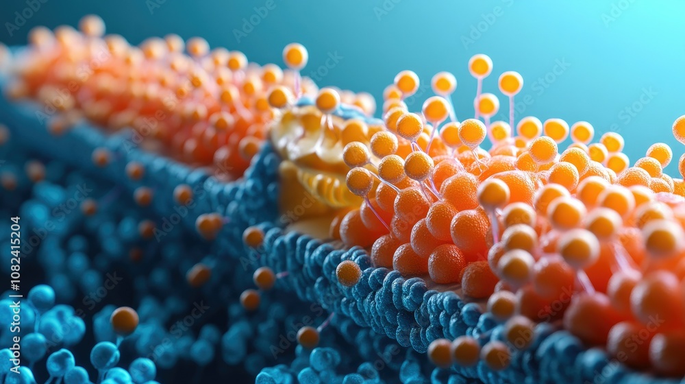 Poster microscopic view of colorful cellular structure with orange and blue spheres representing molecular 