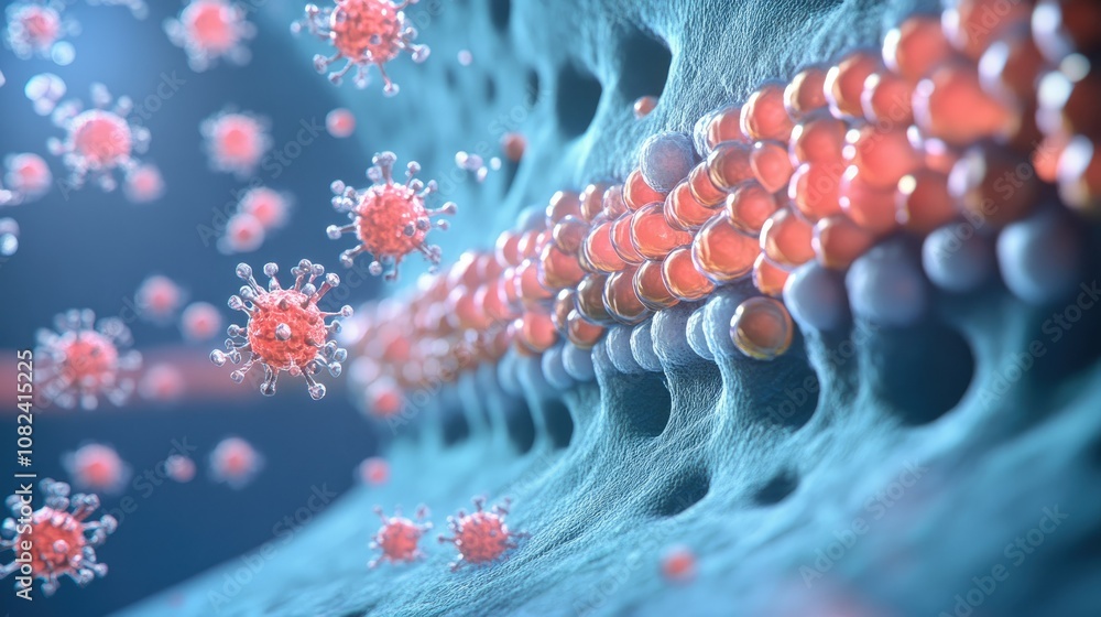 Poster microscopic visualization of viral particles interacting with cellular structures in a colorful scie