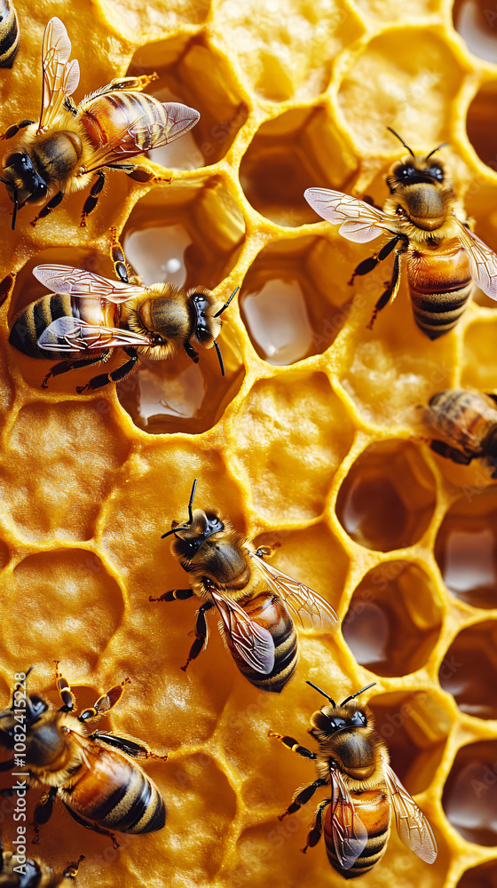 Poster Honey bees in action: creating fresh honey on a busy honeycomb with their buzzing activity