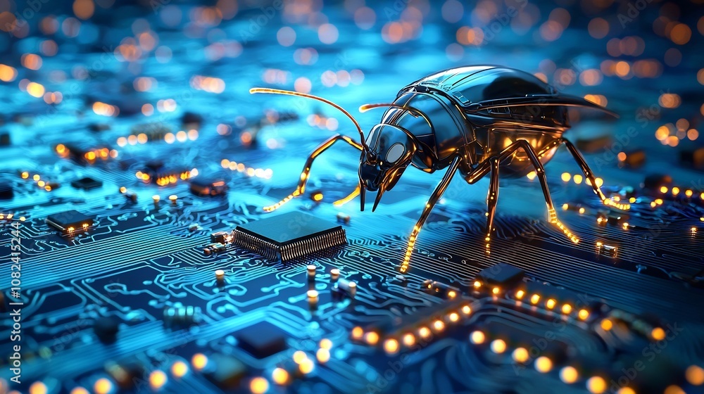 Aufkleber futuristic metallic robot insect crawling on glowing computer chip circuit