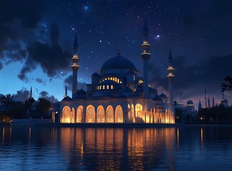 Starry sky over the ancient Top-social building of Istanbul, center is a large and old mosque with bright lights, in front there's an empty square for people to walk around