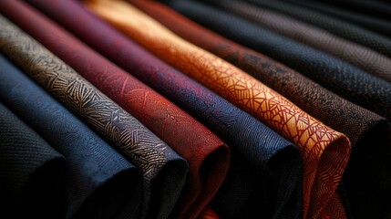 A row of colorful ties are displayed, with some being blue, red, and orange