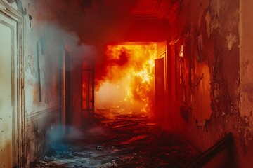 Fototapeta premium Abandoned house entrance hallway, fire spreading, broken walls, intense red and yellow flames, smoke, early morning light, medium close-up 1