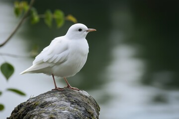 Fototapeta premium A white bird peacefully perches on a rock beside still green waters.