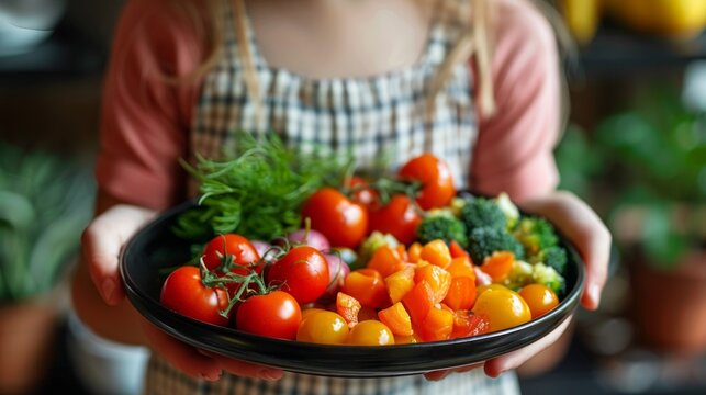 A smiling woman in a pink shirt and striped apron holds a plate of raw vegetables, creating a welcoming kitchen vibe.