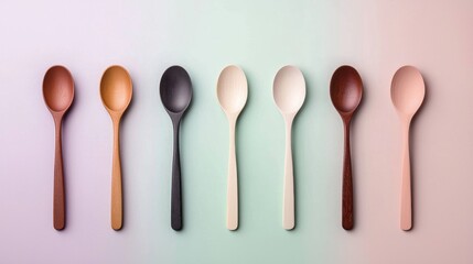 A row of spoons of different colors, including brown, black, and white