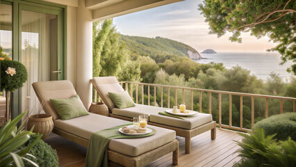 Obraz premium Wooden spa terrace with cozy loungers and lush greenery overlooking scenic coastal view