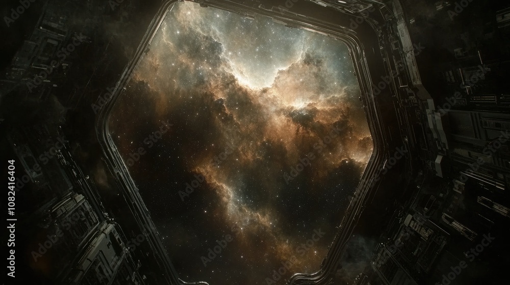 Poster captivating view of a cosmic nebula through a science fiction space station window, featuring a stun