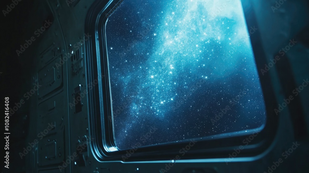 Poster captivating view of the infinite universe through a spacecraft window with stars and nebulas sparkli