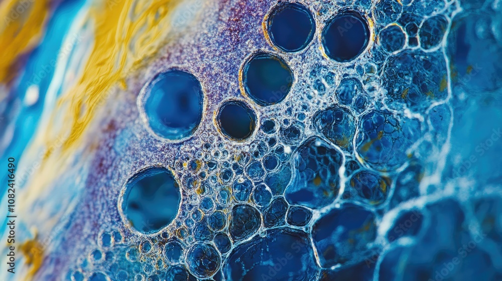 Poster colorful abstract texture with bubbles and foam creating intriguing patterns on a blue background em