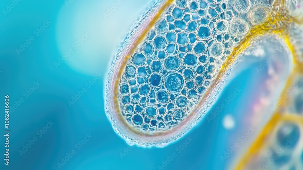 Poster detailed close-up of intricate microbial structures under magnification in vibrant blue background w