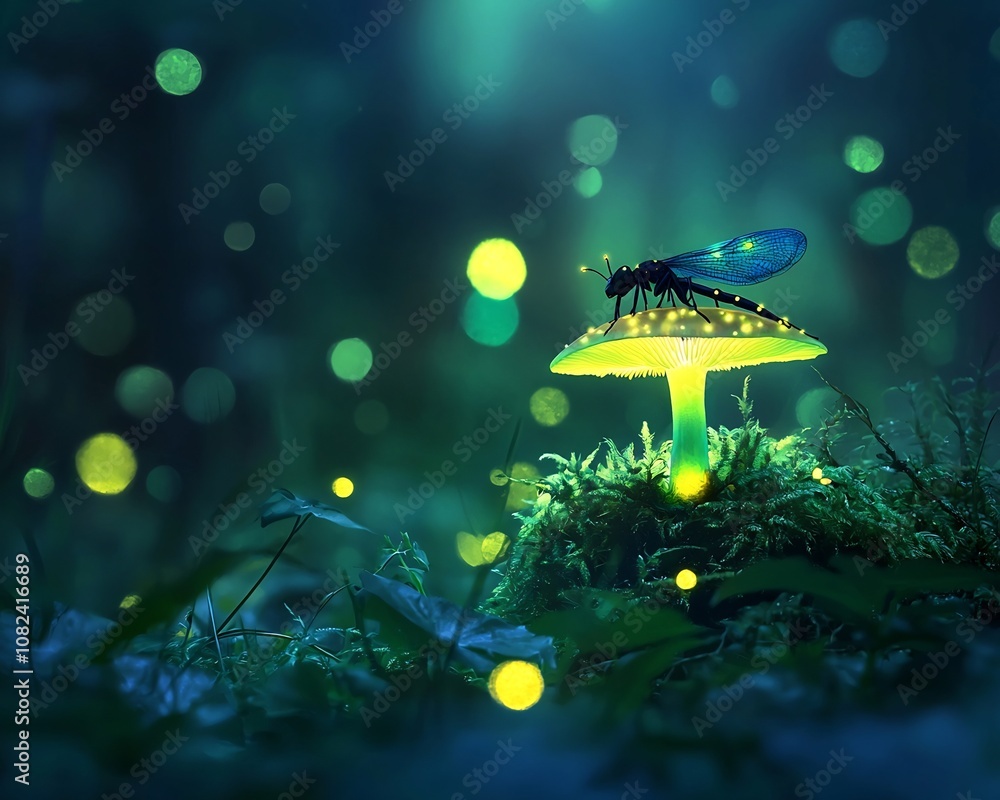 Poster glowing firefly resting on luminescent mushroom in enchanting forest scene