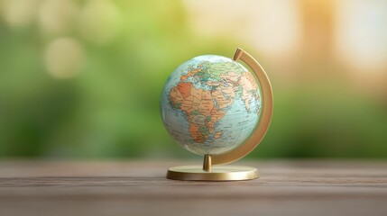 The trade war is affecting global exports, A detailed globe showcasing continents and oceans, placed on a wooden surface, with a softly blurred natural background.