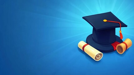 illustration of degree hat with diploma on blue background and copy space