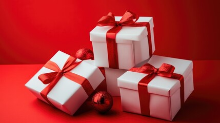 Obraz premium Festive White Gift Boxes with Red Ribbons and Ornaments on a Vibrant Red Background for Holiday and Celebration Themes