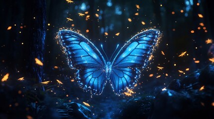 Glowing Neon Butterfly Fluttering in Dark Forest with Moonlight and Fireflies