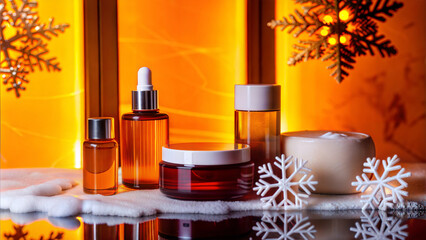 Festive arrangement of luxury skincare bottles with orange tones and snowflake decor for winter beauty
