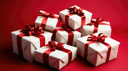 Obraz premium Beautifully Wrapped Gifts with Red Ribbons on a Bold Red Background for Celebrations, Special Occasions, and Holiday Events